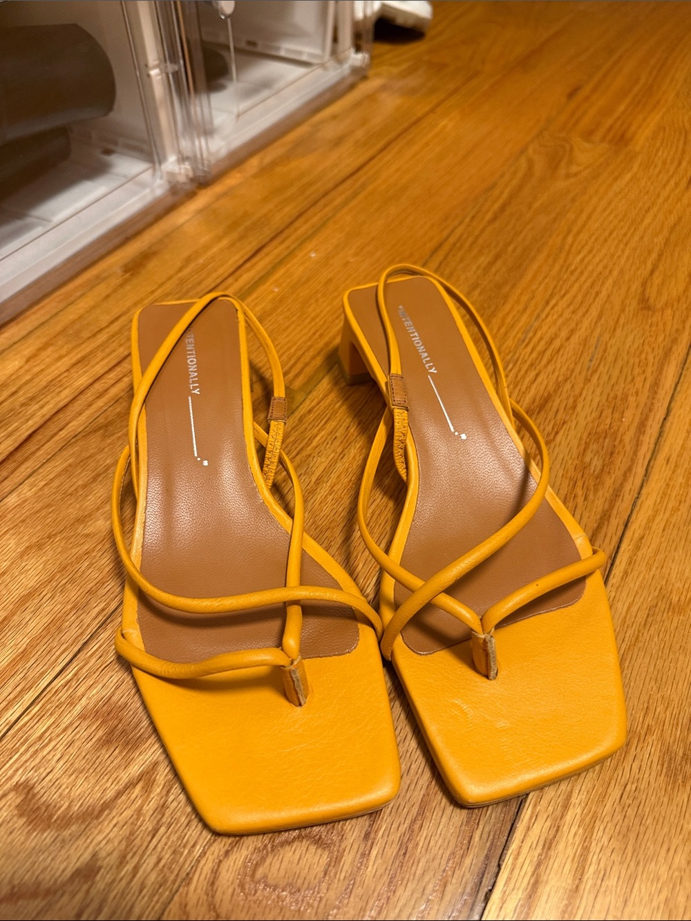 INTENTIONALLY BLANK Mustard Yellow Strappy Square-Toe Slingback Heels